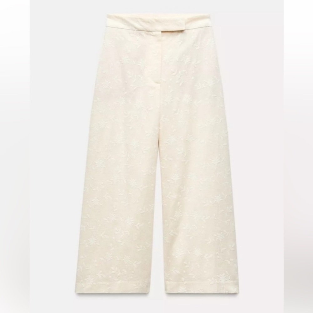 ZARA Floral Neutral Embroidered Wide-Leg Pants